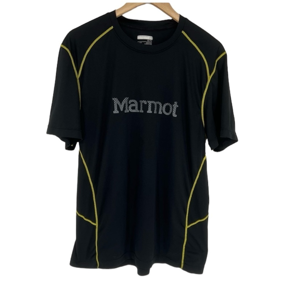Marmot Mens XL T-Shirt Black‎ Spell Out Logo Performance Yellow Stitch